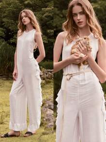 Lumivelle Women's Solid Color Casual Ruffled Hem Jumpsuit - White - View 1