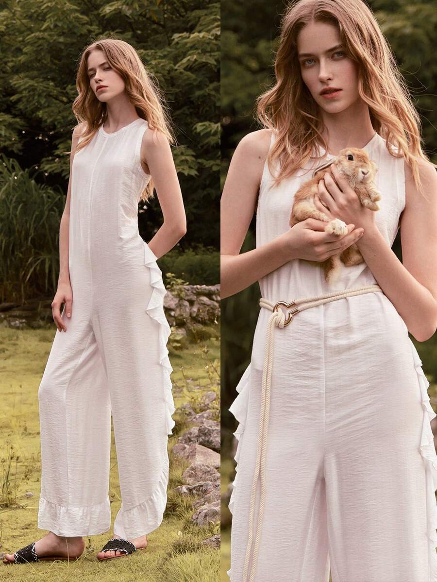 Lumivelle Women's Solid Color Casual Ruffled Hem Jumpsuit - White - View 1