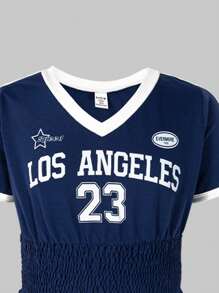 SHEIN Explorewe Set de 2 piezas para niñas preadolescentes: Parte superior de béisbol con estampado de letras y pantalones anchos a rayas de verano casuales - Azul - Ver 3