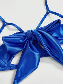 ROMWE Goth Conjunto de lencería sexy que incluye sujetador con aros, tanga y minifalda con lazo