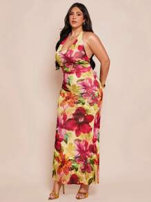 SHEIN BAE Plus Size Women's Spring/Summer V-Neck Open Back Floral Print Bodycon Mesh Knit Dress, Y2k, Fourth Of July, Concert Outfit Women, 4th Of July, 4th Of July Clothes, Memorial Day, Graduation, Work/Office, Vacation Outfits, Birthday Dresses For Women Summer Clothes, Western Wear Women, Club Outfits Women Sexy, Beach Vacation Outfits, Hawaii Outfits Women, Dresses For Women Party, Sundress - Multicolor - View 6