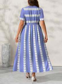Lacomfia Elegantes Damen Große Größen Lässig Kleid mit Floral- und Streifenmuster, V-Ausschnitt und Kurzarm