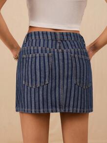 SHEIN Forever 21 Summer New Low Waisted Striped Retro Denim Mini Skirt For Women - Dark Wash - View 2