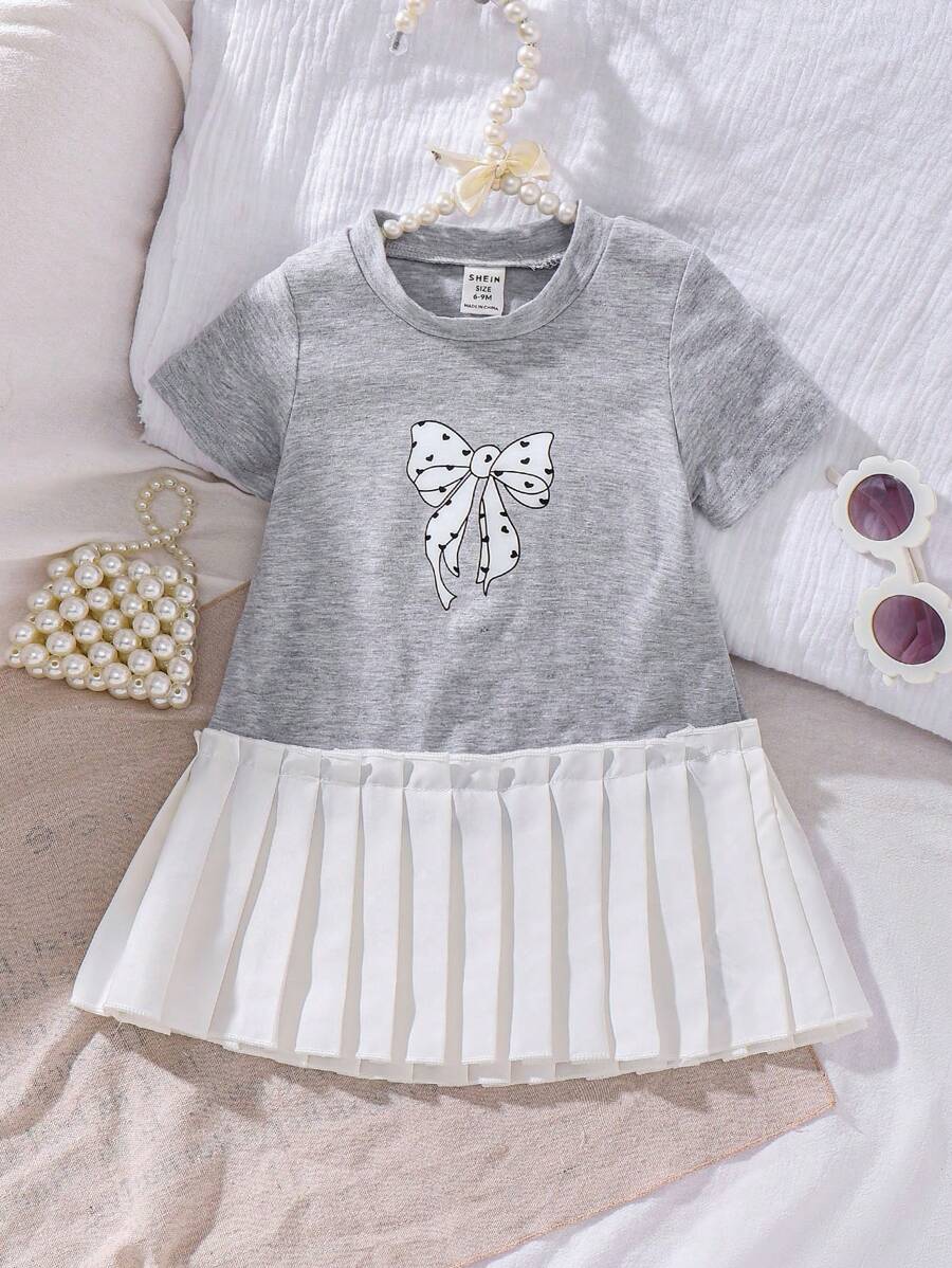 SHEIN 2022年夏季新款时尚黑色宽松休闲T恤连衣裙，适合女婴，蝴蝶结下摆设计 - 灰色 - 查看 1