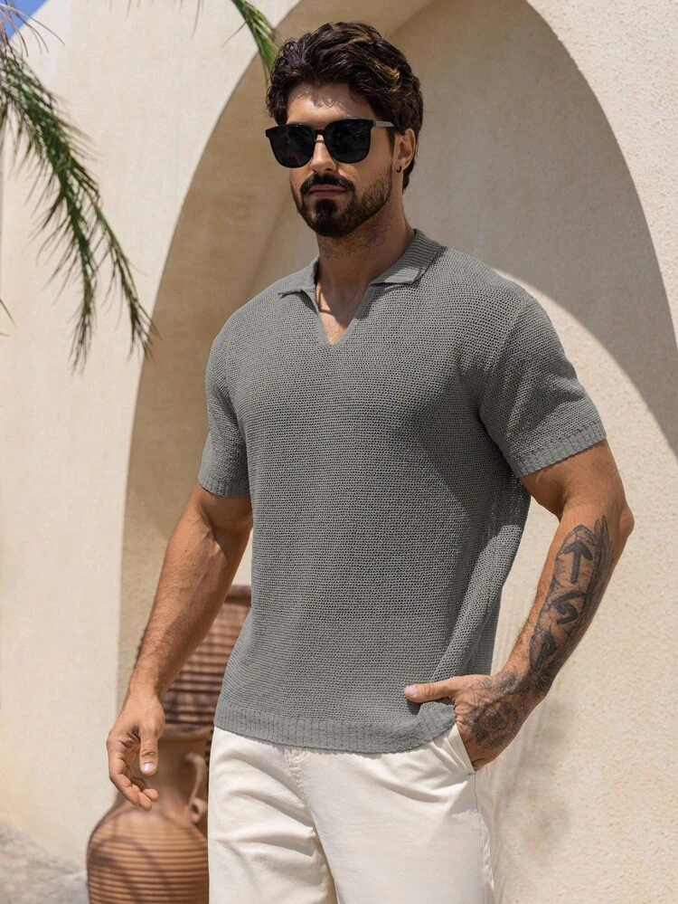 Men's Casual Gray Knitted Polo Shirt With Collar Short Sleeve For Summer