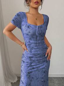 Elenzga Đầm ôm body xếp ly cổ vuông in họa tiết hoa hồng thanh lịch gợi cảm cho nữ, phù hợp cho mùa xuân/hè, ngày lễ tình nhân - Màu xanh lam - Xem 5