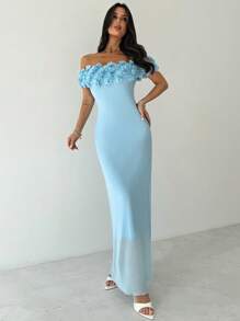 Firerie Đầm Maxi Ôm Body Lưới Hoa Một Vai Màu Xanh Lãng Mạn Thanh Lịch, Thích Hợp Cho Các Buổi Hẹn Hò, Tiệc Tùng, Kỳ Nghỉ - Màu xanh lam - Xem 7