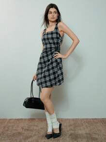 SHEIN MOD Robe à col carré élégante avec fronces et à carreaux - Noir et Blanc - Voir 7