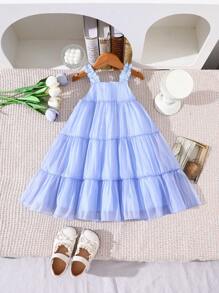SHEIN Baby Girl Cute Light Blue Floral Dress,Summer Sleeveless Elegant Three-Dimensional Decoration Vacation Holiday Party Birthday Fashion Outfits - Blue - View 4