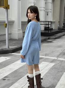 SHEIN 少女纯色圆领休闲连体裤 - 卡其色 - 查看 2