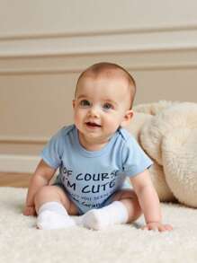 SHEIN Bodys de manga corta con estampado de letras para bebé niño, azul - Azul - Ver 4
