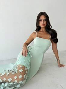 Firerie Women's Elegant Romantic Lace Splice A-Line Midi Dress, Casual Holiday Beach Wear, Summer - Pastel Green - View 1