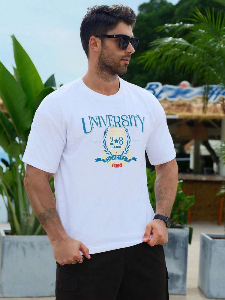 White Letter Print T-Shirt For Men, Academy Style, Summer,Graphic Tees