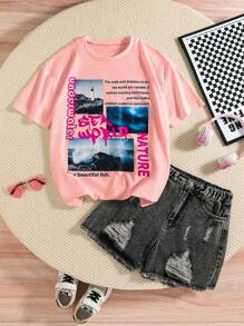Conjunto informal de verano para adolescentes con camiseta de manga corta y shorts vaqueros - Multicolor - Ver 1
