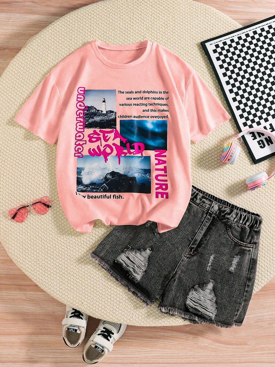 Conjunto informal de verano para adolescentes con camiseta de manga corta y shorts vaqueros - Multicolor - Ver 1