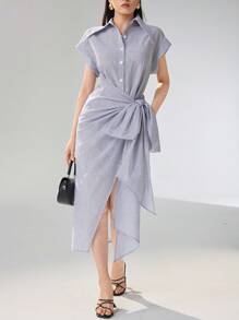 Heiryn Women Striped Print Twist Front Button Down Dress With Short Sleeves