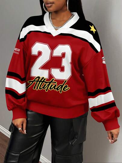 Slaydiva 大码休闲简约宽 V 领图案印花宽松长袖运动衫