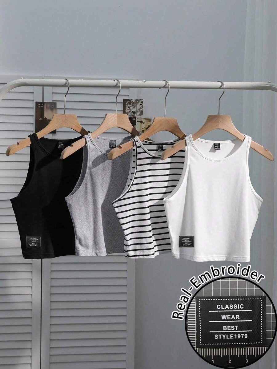 SHEIN EZwear 4pcs Women Casual Striped Sleeveless Tank Top, Versatile & Sexy Bodycon Vest For Summer Back To School