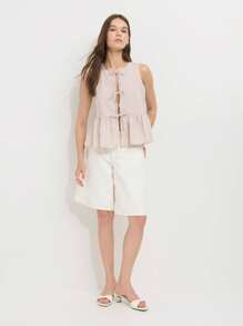 Nöista Blue And White Stripe Summer Elegant Unique Vacation Light Beige Sleeveless Blouse,Checkered Texture Three Front Tie Closures Cotton Loose Flared Hem - Brown - View 5