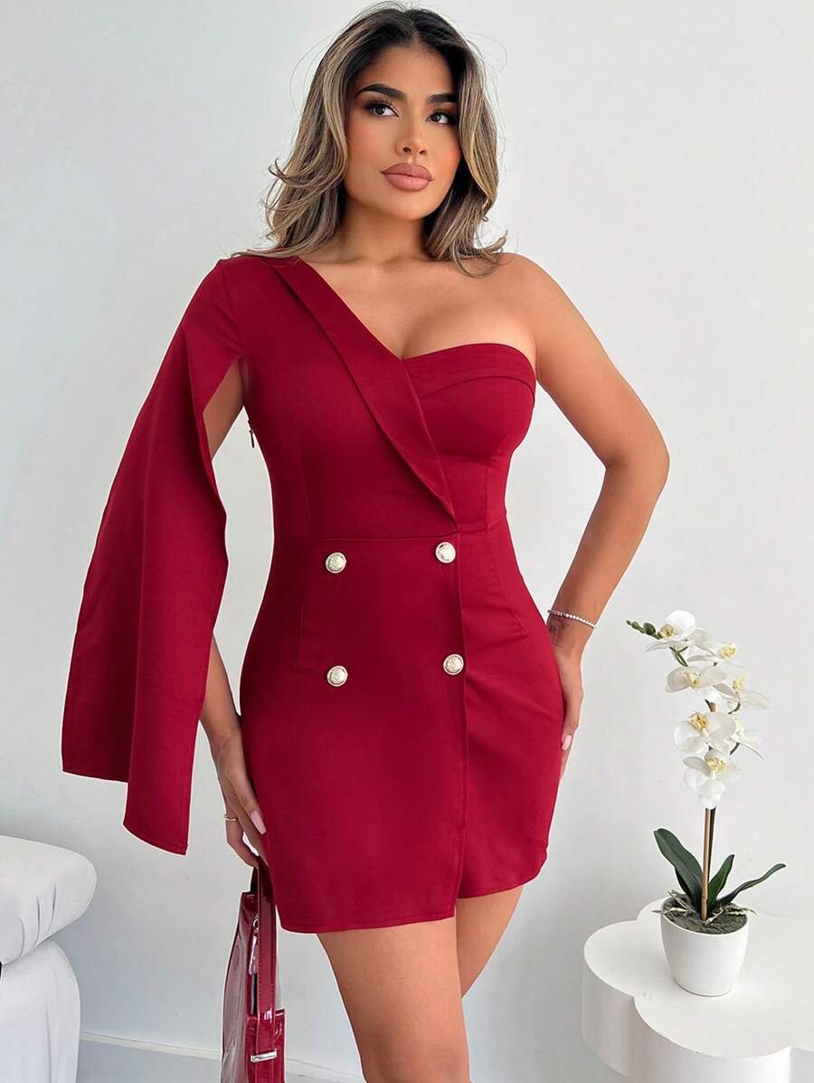 Xyvia Fashionable Sexy Open Shoulder Elegant Ladies Dress - Burgundy - View 1