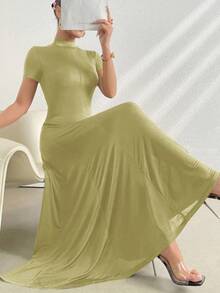 Lacomfia Gaun Wanita Elegan Warna Polos dengan Kerah Tegak, Musim Panas - Hijau - View 5
