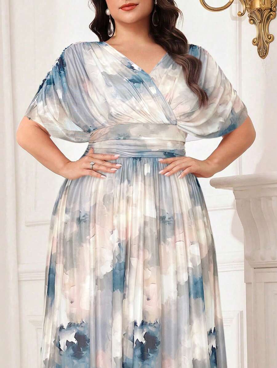 Modelyn 大码优雅花卉印花蝙蝠袖连衣裙,春夏长款晚礼服 - 藍色 - 查看 1