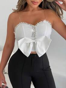 SHEIN Unity Canottiera sexy con decorazione a fiocco 3D e strass per donne