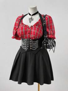 Flirla Camisa con estampado de cuadros al estilo rave combinada con vestido corto plisado - Multicolor - Ver 1