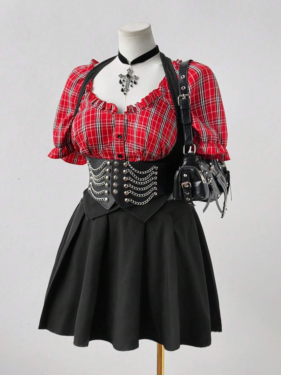 Flirla Camisa con estampado de cuadros al estilo rave combinada con vestido corto plisado - Multicolor - Ver 1