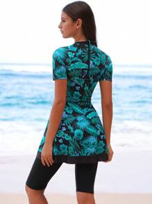 Swim Shayni 2 pezzi/Set Nuovo Abito bohémien da spiaggia senza maniche con motivo floreale tropicale e set di costumi da bagno burkini neri per donne, adatti per la primavera/estate