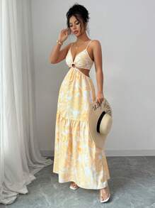 Elenzga Women's Printed Cinched Waist A-Line Mid-Length Casual Vacation Commuter Dress - Yellow - View 3