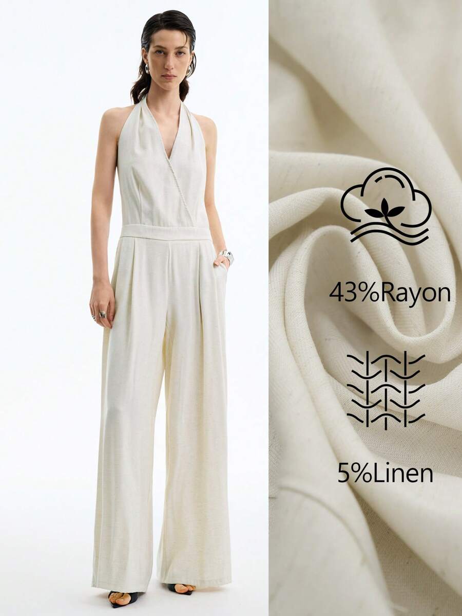Aalyst Women's Casual V-Neck Sleeveless Linen Romper With Belt And Pockets, Summer, Apricot Color - Apricot - View 1