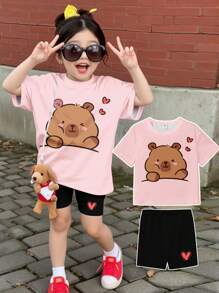 SHEIN Set de 2 piezas de camiseta y pantalones cortos con estampado de corazón y huella de pata, conjunto informal de verano para niña joven - Multicolor - Ver 1
