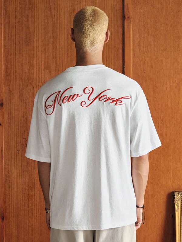 SWAVVY Men's Casual Thin Short Sleeve T-Shirt, White Round Neck With Embroidery Design, Summer