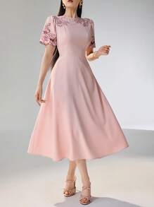 Heiryn Vestido elegante de longitud media con cuello redondo, mangas cortas abullonadas y bordado floral para mujer en verano - Rosa - Ver 4