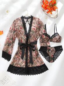 SHEIN Bộ đồ lót nữ 4 món ren chắp vá có gọng, gợi cảm khi đi chơi - Nhiều màu - Xem 8