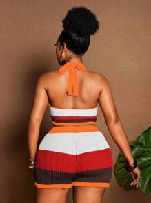 Maweii Plus Size Women's Sweater Set Orange,Summer,Smart Casual,Vacation,Holiday Ice Silk Halter V-Neck Top&Drawstring Shorts Slim Knit Two Pieces Boho - Multicolor - View 2