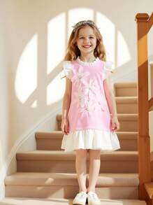 Kleine Mädchenkleid mit zarten rosa Tönen für den Sommer, zarte 3D Blumendetails verleihen märchenhaften Charme, trage es und werde im Nu zu einer Märchenprinzessin - Pink - Übersicht 4