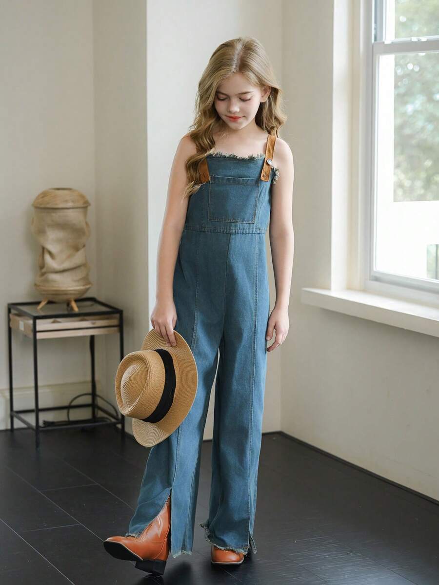 Wildeya Monos para niñas preadolescentes de primavera y verano Wildeya, nuevos estilos. Mono de mezclilla azul medio con borde acampanado, tirantes de contraste y abertura clásica, adecuado para actividades al aire libre, ocasiones diarias, festivales de música, fiestas y talla grande.