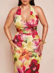 SHEIN BAE Plus Size Women's Spring/Summer V-Neck Open Back Floral Print Bodycon Mesh Knit Dress, Y2k, Fourth Of July, Concert Outfit Women, 4th Of July, 4th Of July Clothes, Memorial Day, Graduation, Work/Office, Vacation Outfits, Birthday Dresses For Women Summer Clothes, Western Wear Women, Club Outfits Women Sexy, Beach Vacation Outfits, Hawaii Outfits Women, Dresses For Women Party, Sundress - Multicolor - View 7