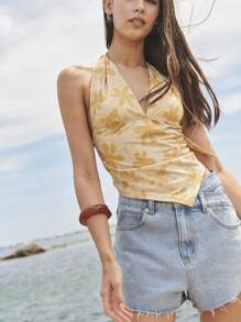Nöista Beige Floral Halter Top,Pointed Hem Ruched Bust Summer Boho Vacation Holiday Lightweight Stretchy Fabric,Flattering Fit Festival 4th Of July Looks - Yellow - View 10