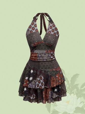 The White Lotus Damen Frühlings-Konzertoutfit Rave Festival Vintage Hippie Totem Muster Neckholder Mesh Rüschen Saum Kurzes Kleid