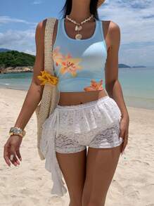 SHEIN EZwear 女式休闲花卉印花修身圆领背心，夏季 - 藍色 - 查看 4