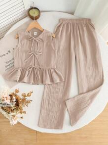 Tween Girls Commuting Casual Plain Woven Crew Neck Blouse Top And Straight Leg Pants Set - Khaki - View 7