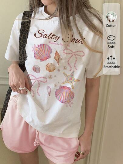 SHEIN EZwear Camiseta holgada y suelta con estampado de elementos marinos como estrellas de mar, conchas, perlas y animales de la playa, de algodón cómodo adecuado para vacaciones de verano, vacaciones en la playa y junto al mar