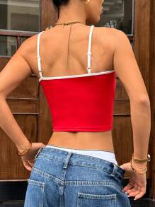 SHEIN EZwear 休闲简约美国国旗刺绣徽章装饰吊带背心，适合夏季 - 紅色 - 查看 2