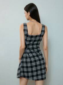 SHEIN MOD Robe à col carré élégante avec fronces et à carreaux - Noir et Blanc - Voir 2