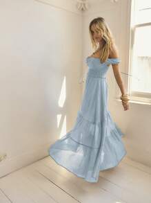 Aralina Rochie maxi de vară pentru femei, cu mâneci bufante și tiv în straturi, stil boho, cu detaliu la spate - Dusty Blue - Vizualizare 10