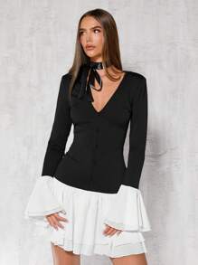 Glamine Women's Double Ruffle Hem Splice V-Neck Bell Sleeve Dress - Black and White - View 3