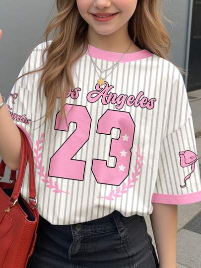 SHEIN 青少年女孩可爱亮粉色芭蕾蝴蝶结条纹字母图案超大宽松短袖 T 恤，休闲夏日度假清凉